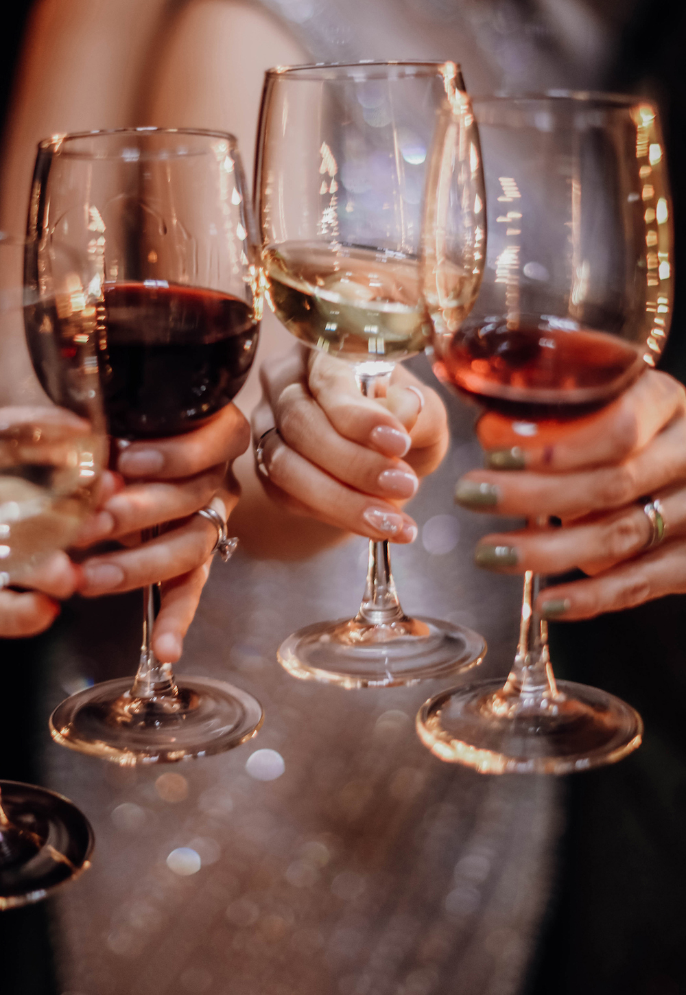 Drei Frauen, die Wein-Einsteigerinnen sind, stoßen mit Weißwein, Rotwein und Roséwein gemeinsam an